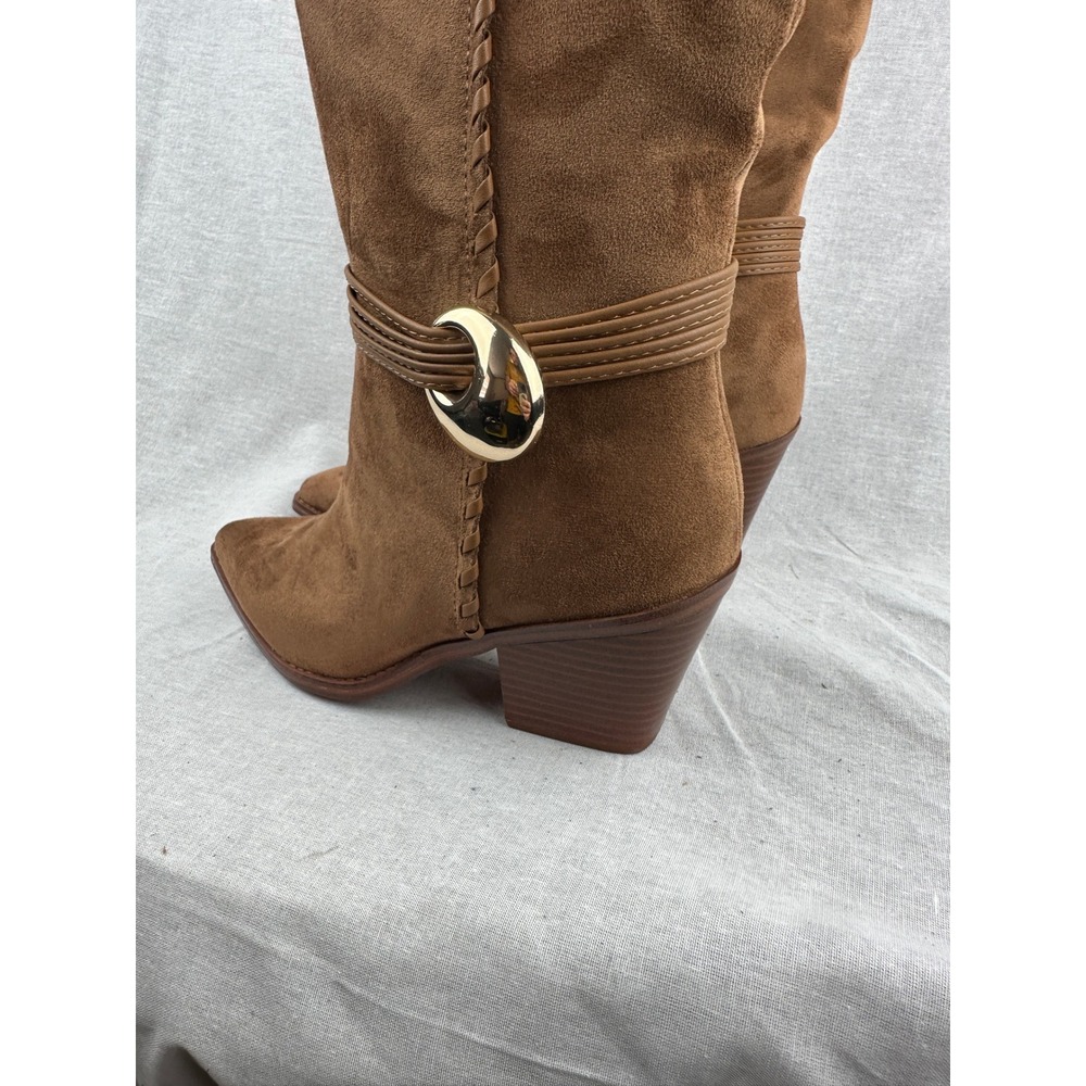 Universal Thread Womens Cognac Faux Suede Tall Boots Pointed Toe Gold Detail‎ 8 - Picture 3 of 6